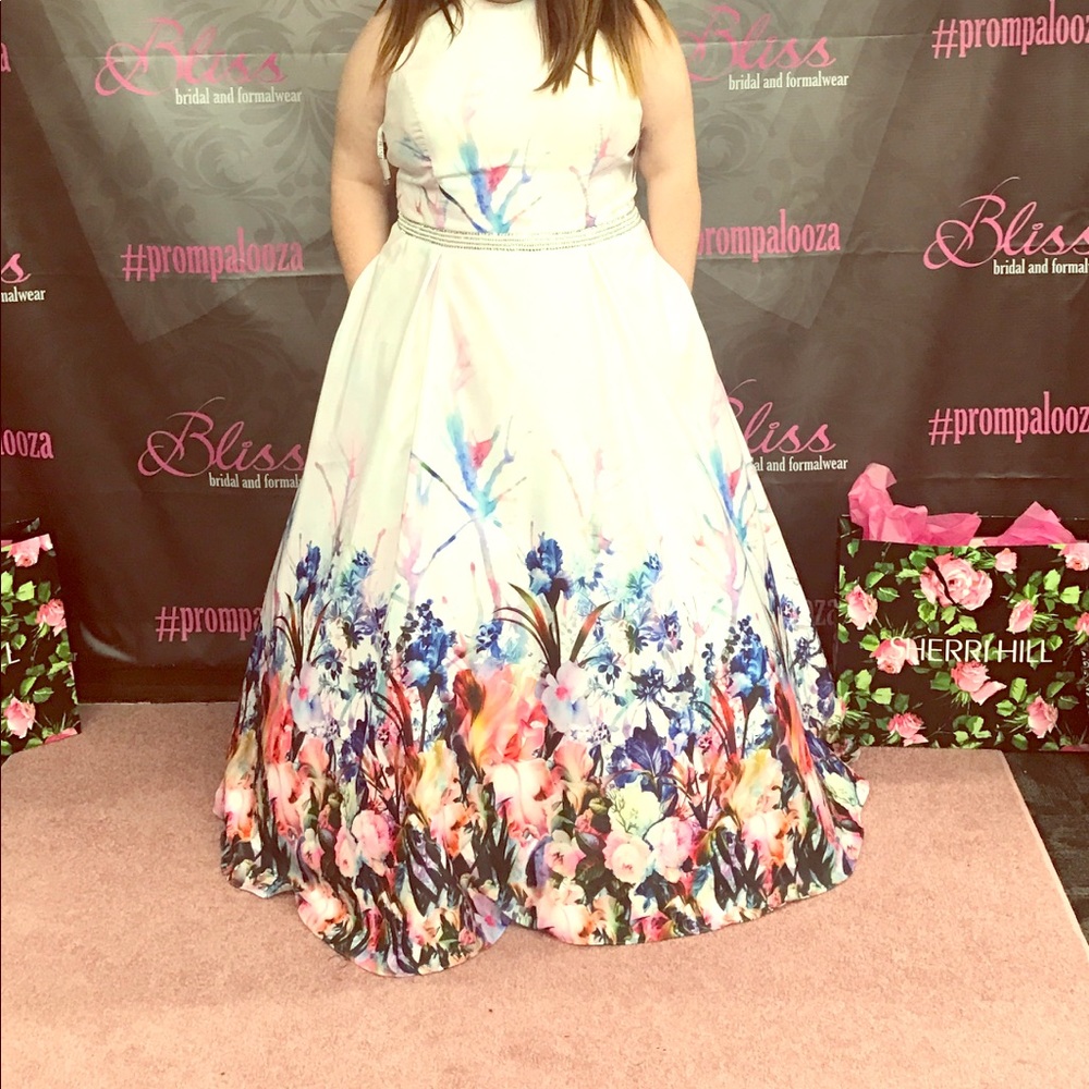 White floral and water colored prom dress.